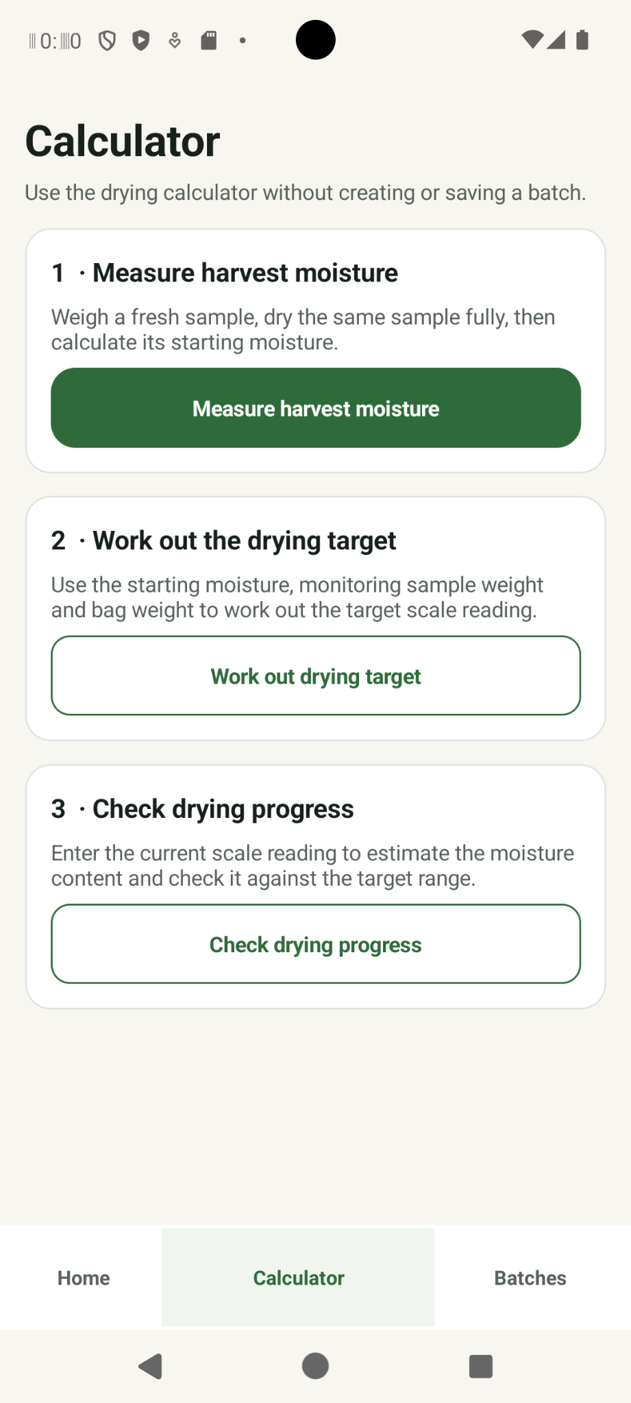 Hop Drying Calculator calculation options.