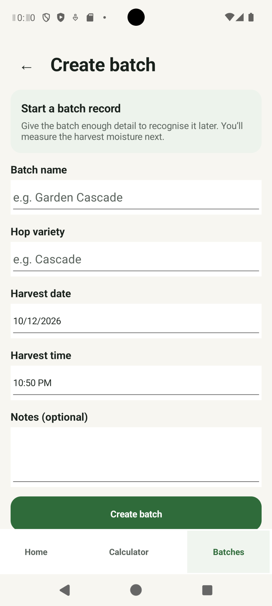 Hop Drying Calculator create a new drying batch screen.
