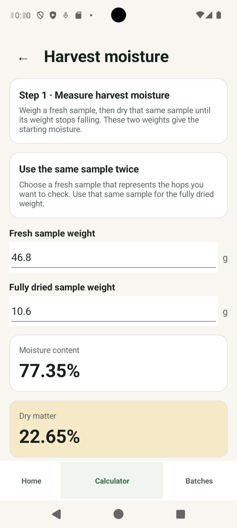 Hop Drying Calculator harvest moisture calculation screen.