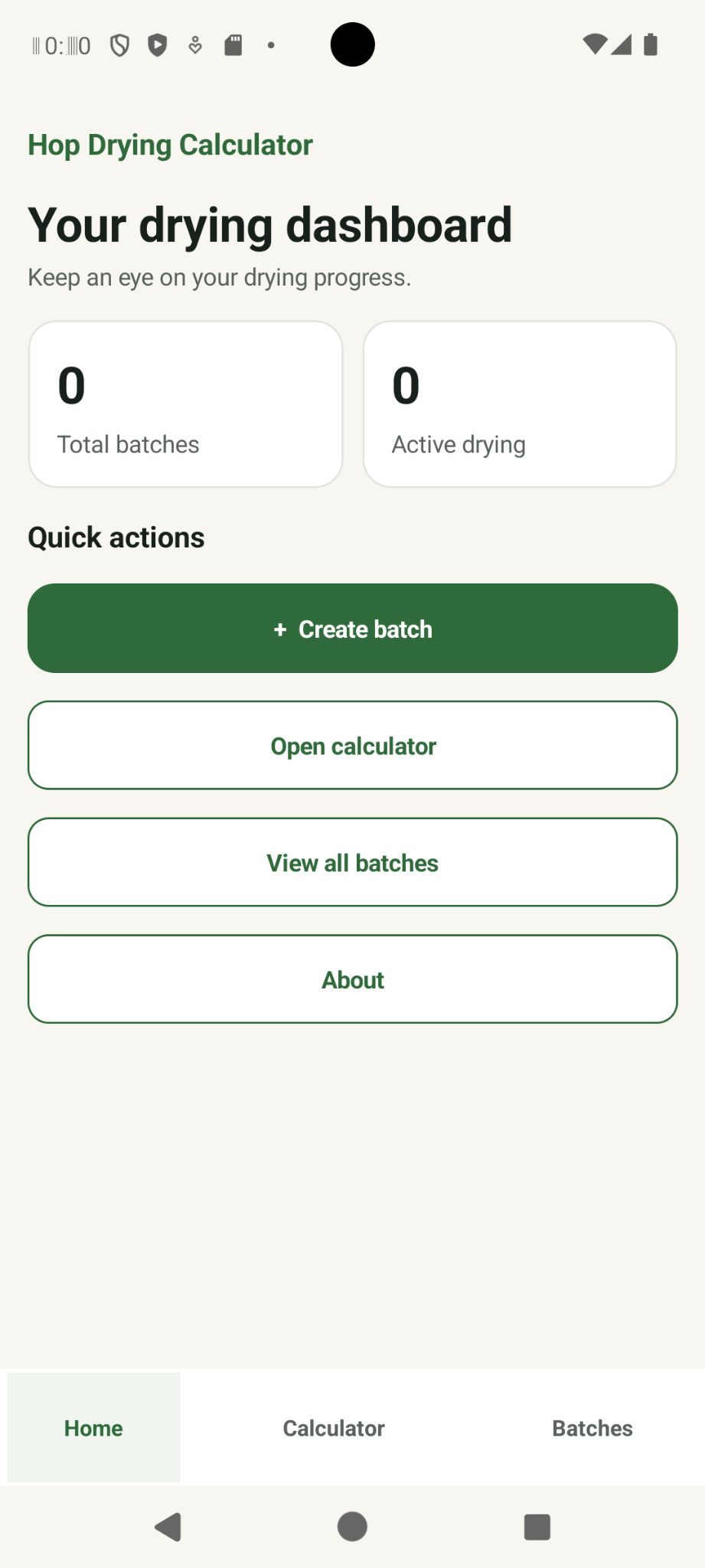 Hop Drying Calculator home dashboard.